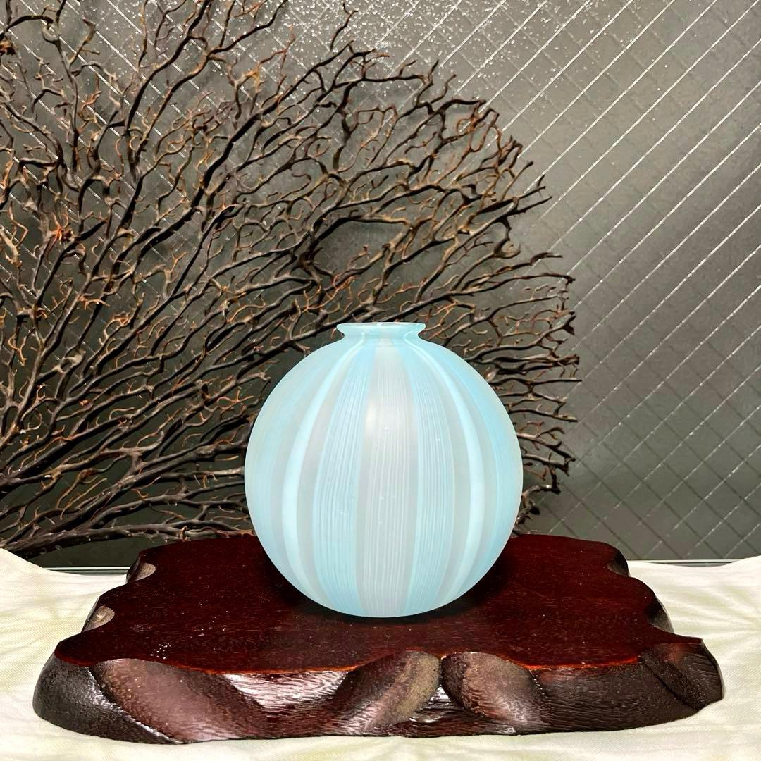 骨董　現代作家　富山ガラス工房　作家作品　縞模様　スカイブルー　かぶら型　花器
