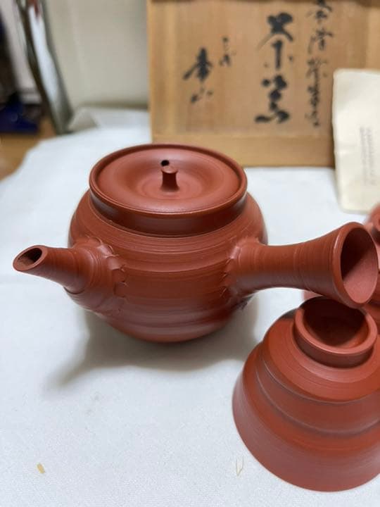 人間国宝　三代目山田常山作　常滑焼朱泥茶器セット　煎茶