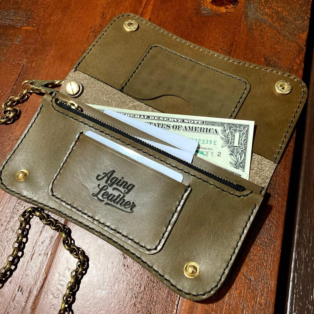 本革　財布　チェーン付き　手縫い　ヌメ革　レザークラフト ハンドメイド