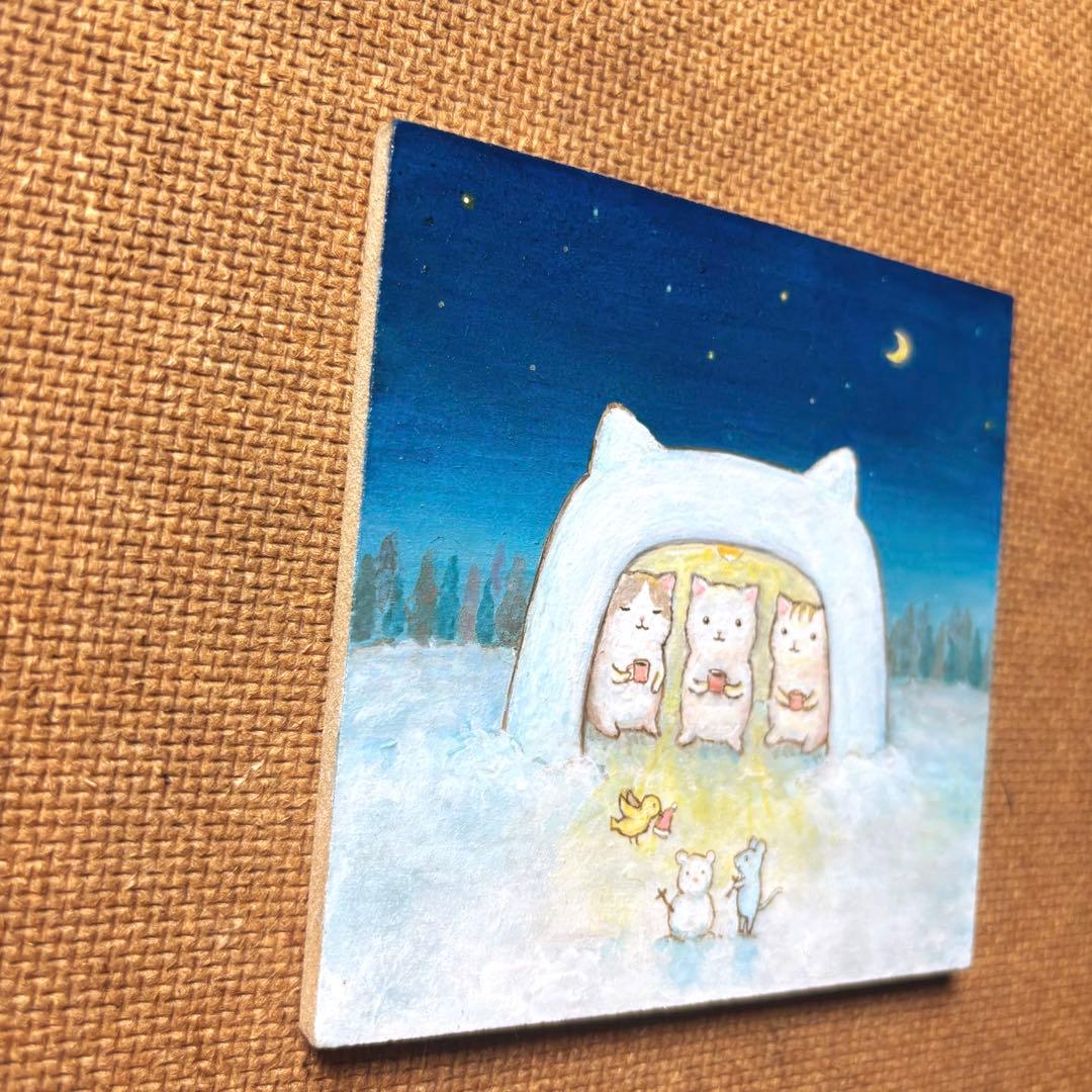 けい　自作絵画　ネコかまくら　猫とネズミと小鳥の絵