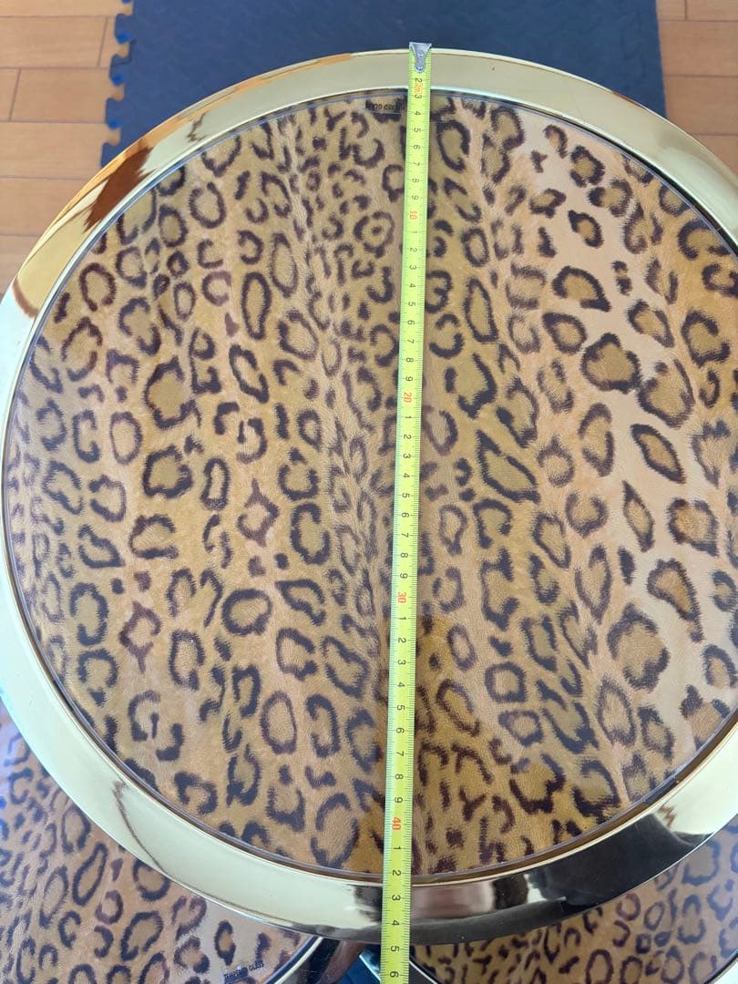 円形スライドテーブル　サイドテーブル　豹柄　ガラステーブル　ラウンドテーブル