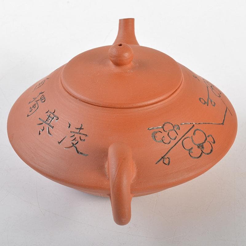 常滑焼　三代山田陶山作　紫砂　朱泥　漢詩梅文　急須　箱蓋無し　V　R7121