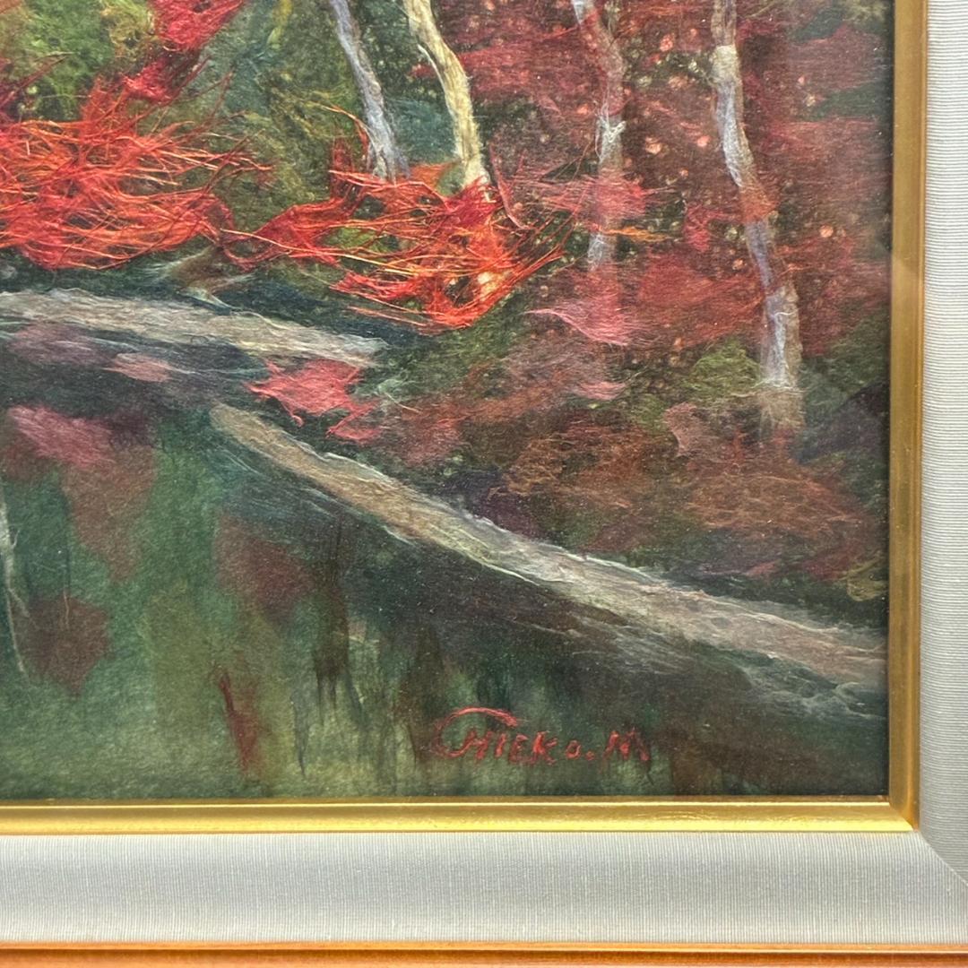 ちぎり絵　秋たけなわ　紅葉の湖畔　額入り　570×480mm