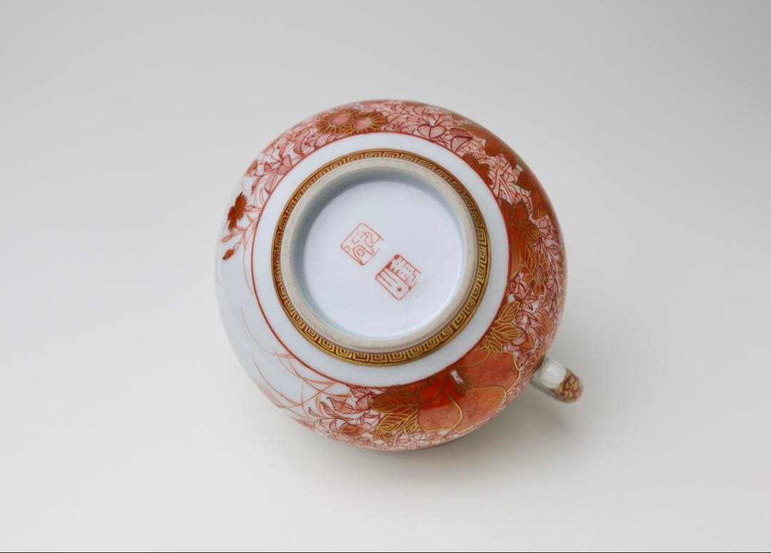 九谷焼 金城竜山 九谷竜山 金彩 赤絵秋草 煎茶器 急須 煎茶道具 煎茶碗