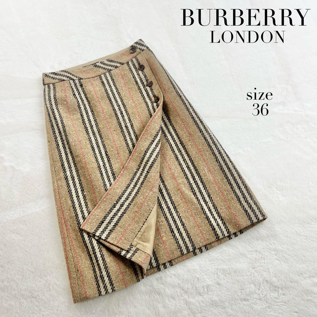 【バーバリーロンドン】ウールノバストライプラップスカート☆ミモレ丈☆ボタン☆S