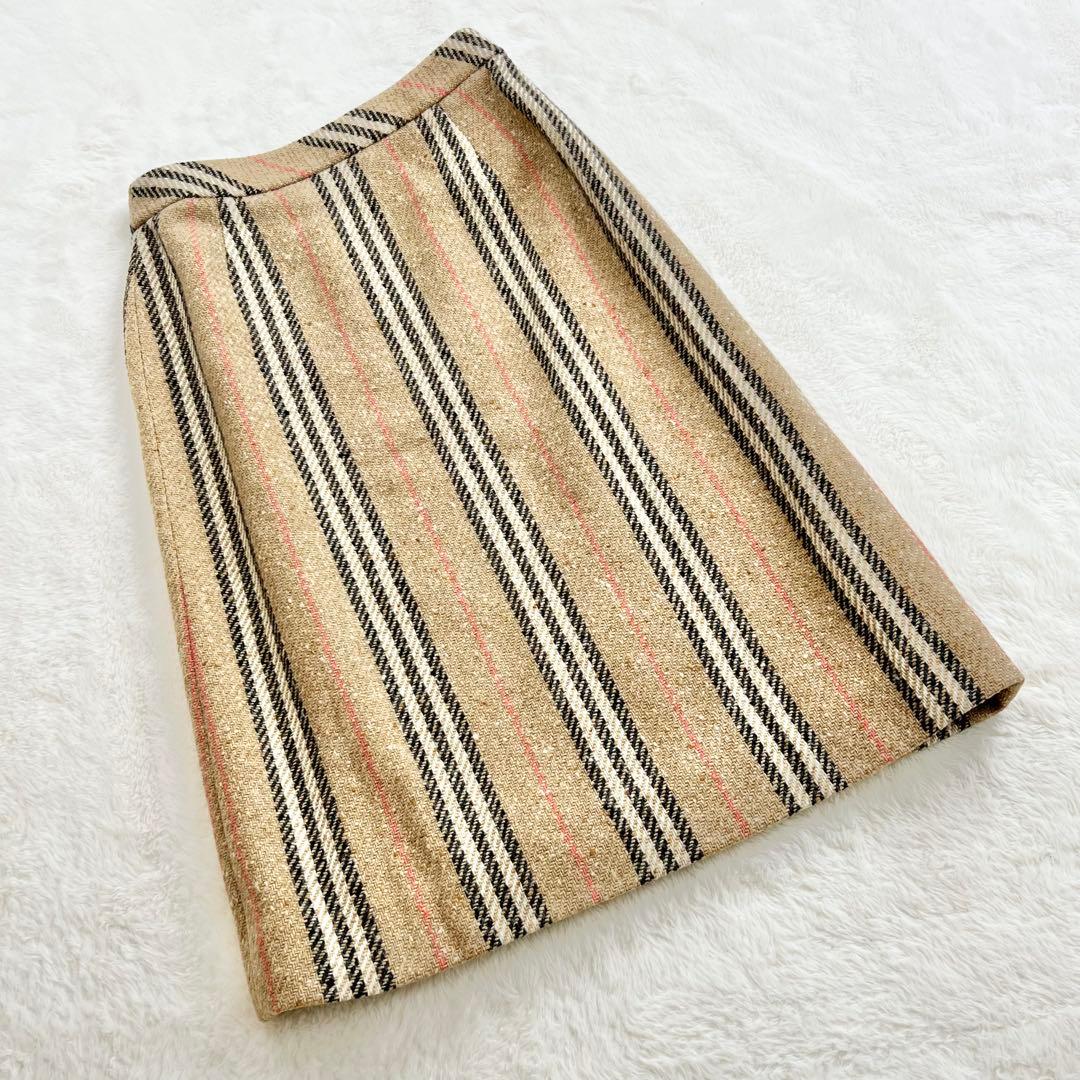 【バーバリーロンドン】ウールノバストライプラップスカート☆ミモレ丈☆ボタン☆S