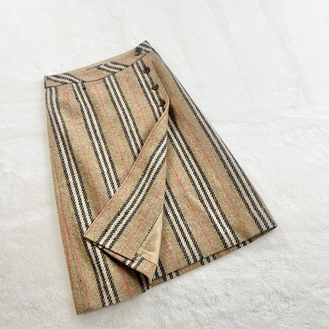 【バーバリーロンドン】ウールノバストライプラップスカート☆ミモレ丈☆ボタン☆S