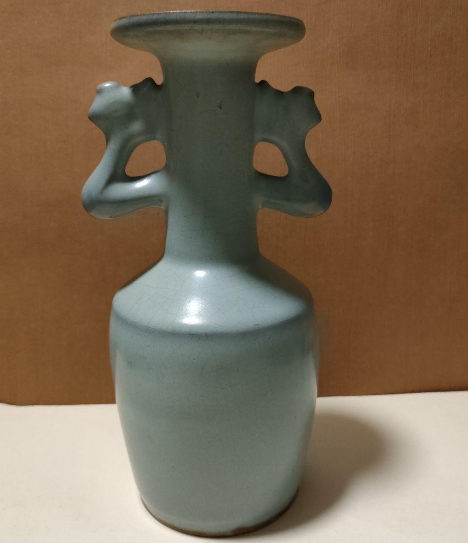 中国美術　月白釉　時代物　アンティーク　双耳花入　花瓶　仿汝窯　清朝