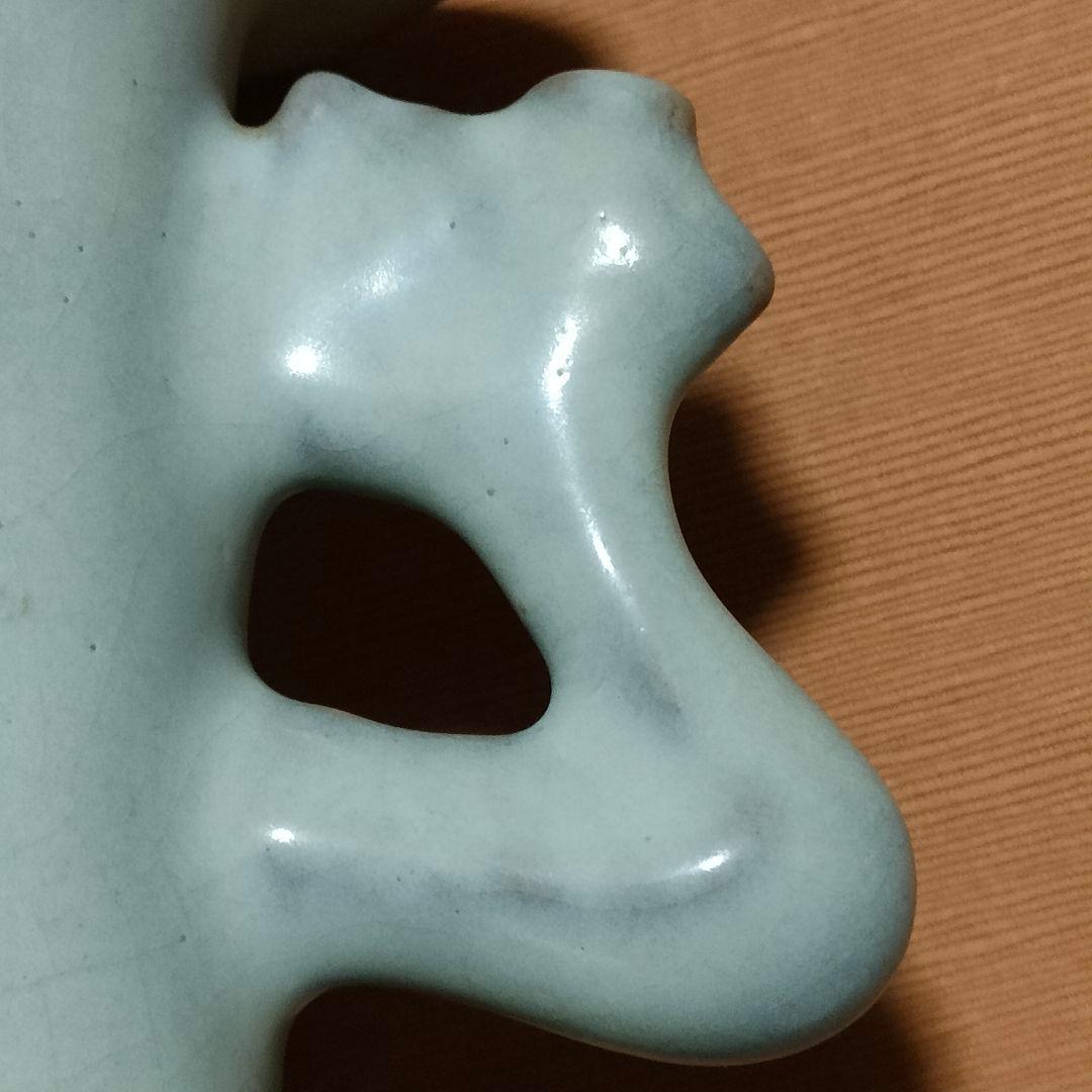 中国美術　月白釉　時代物　アンティーク　双耳花入　花瓶　仿汝窯　清朝