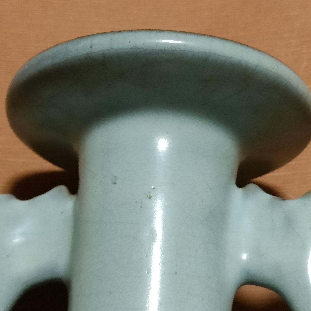中国美術　月白釉　時代物　アンティーク　双耳花入　花瓶　仿汝窯　清朝