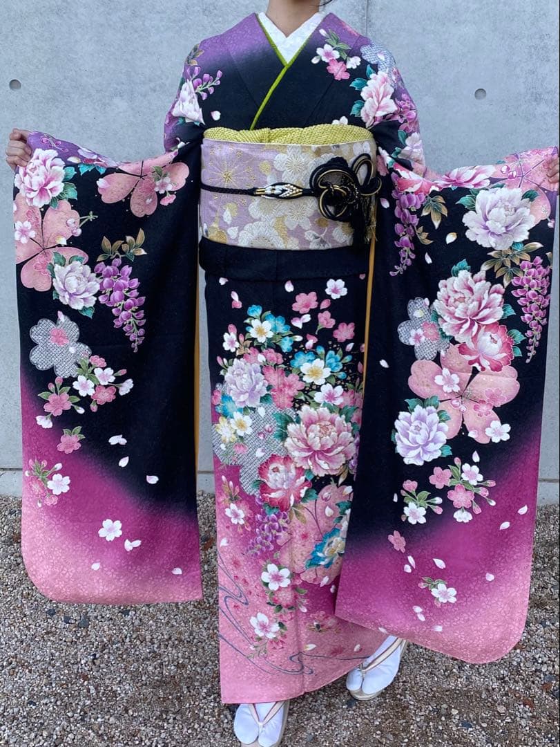 かなりあ 振袖 花柄 黒 ピンク 帯付き