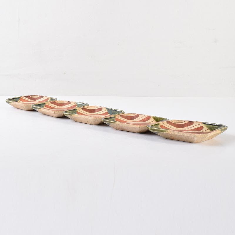 北大路魯山人作　星岡窯　織部焼　於里辺　小皿　五客　共箱　D　R8587