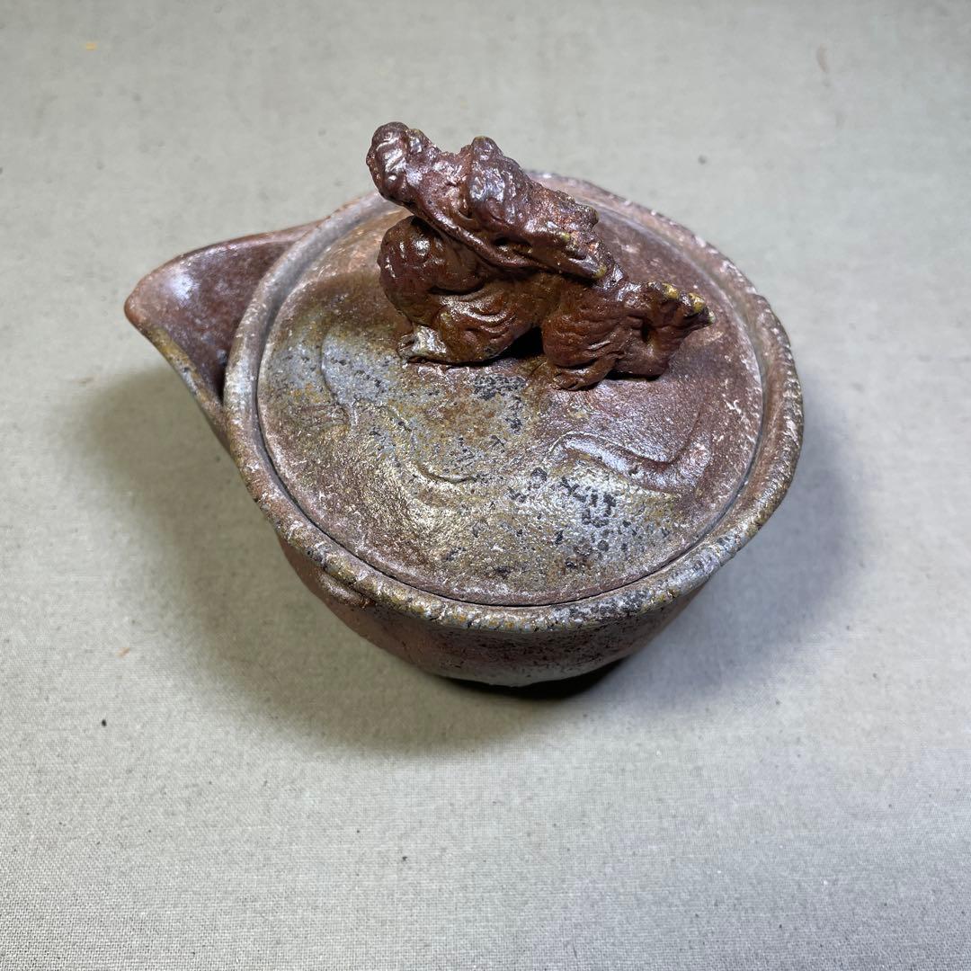 備前焼　備前手造り龍宝瓶　獅子宝瓶 在銘 ２点セット 煎茶器 急須 煎茶道具