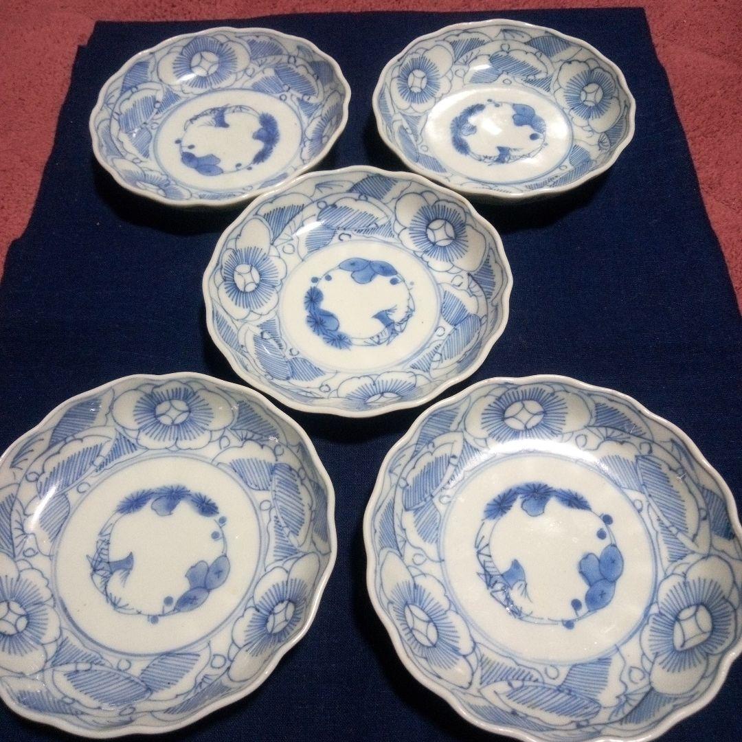 明治前期 古伊万里 なます皿 花文線描 ５枚