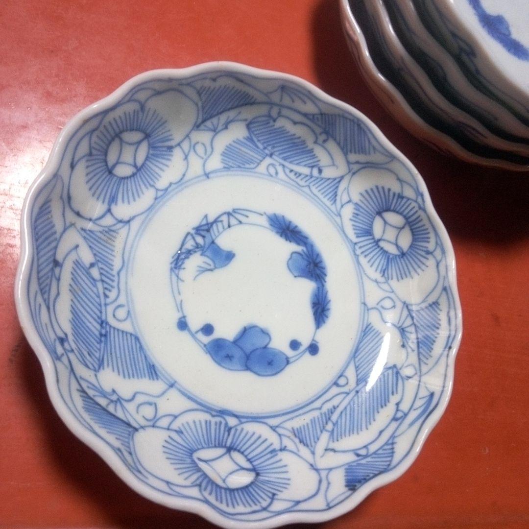明治前期 古伊万里 なます皿 花文線描 ５枚