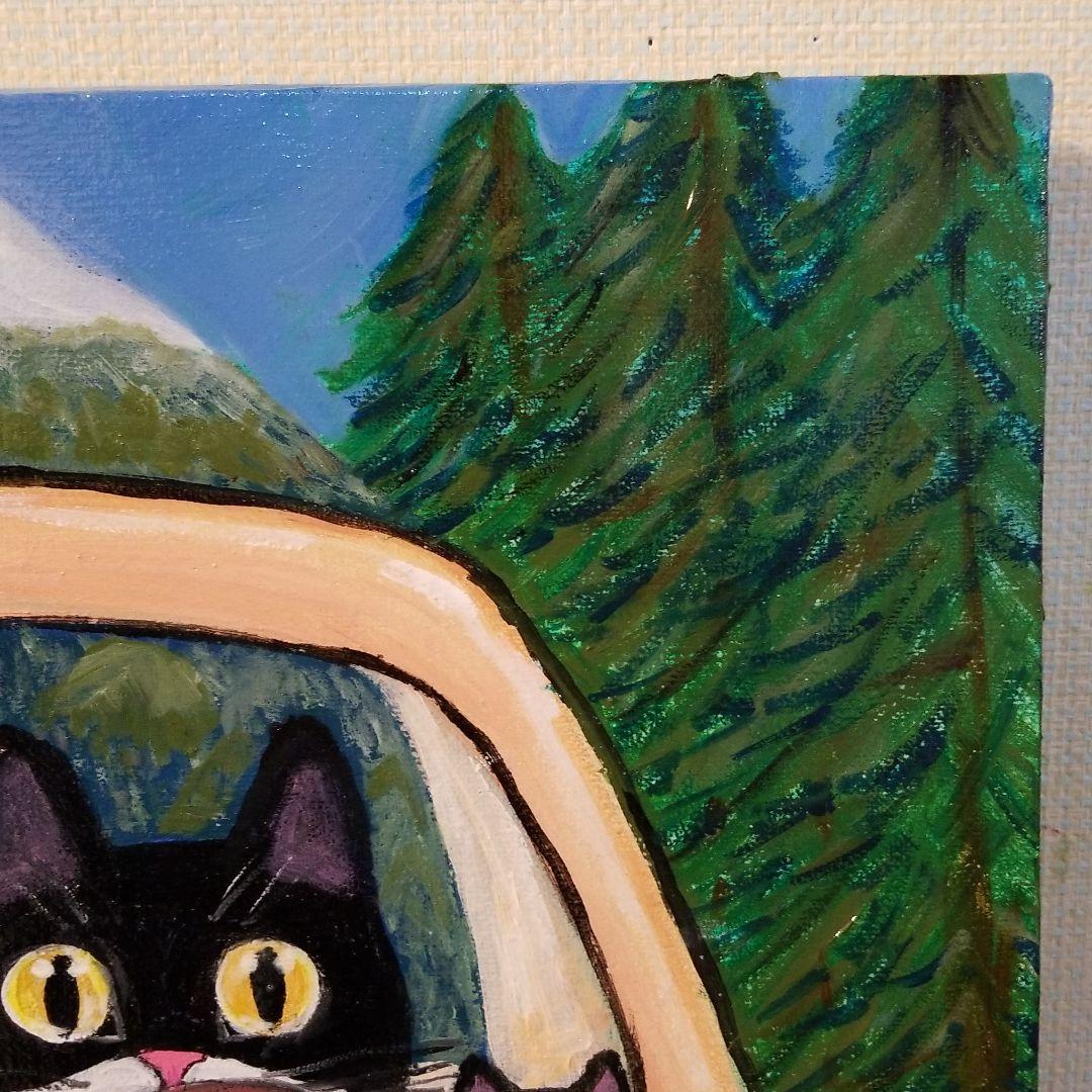 油絵　ボルボに乗る猫の家族