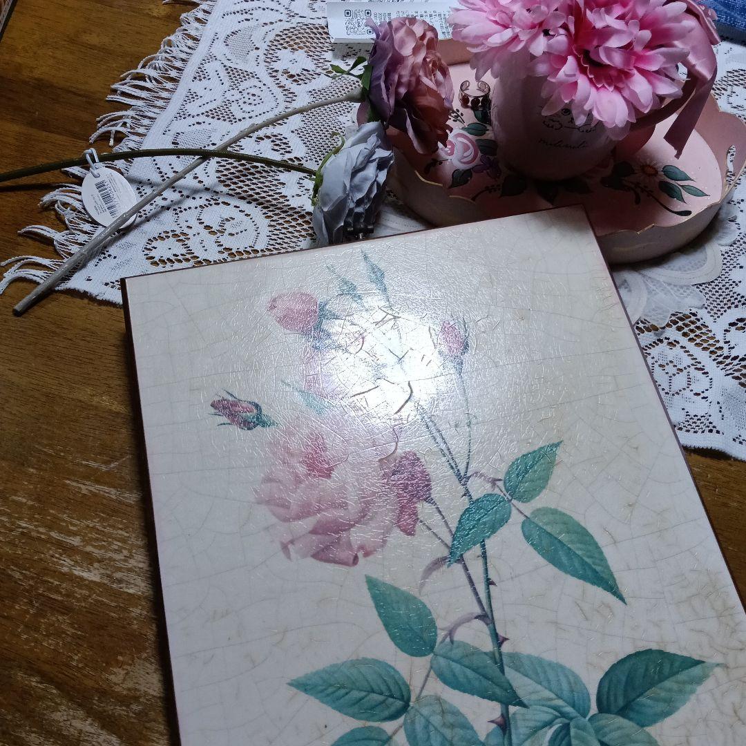 ♥ルドゥーテの薔薇　Rosa indica vulgaris　陶板風木製プレート