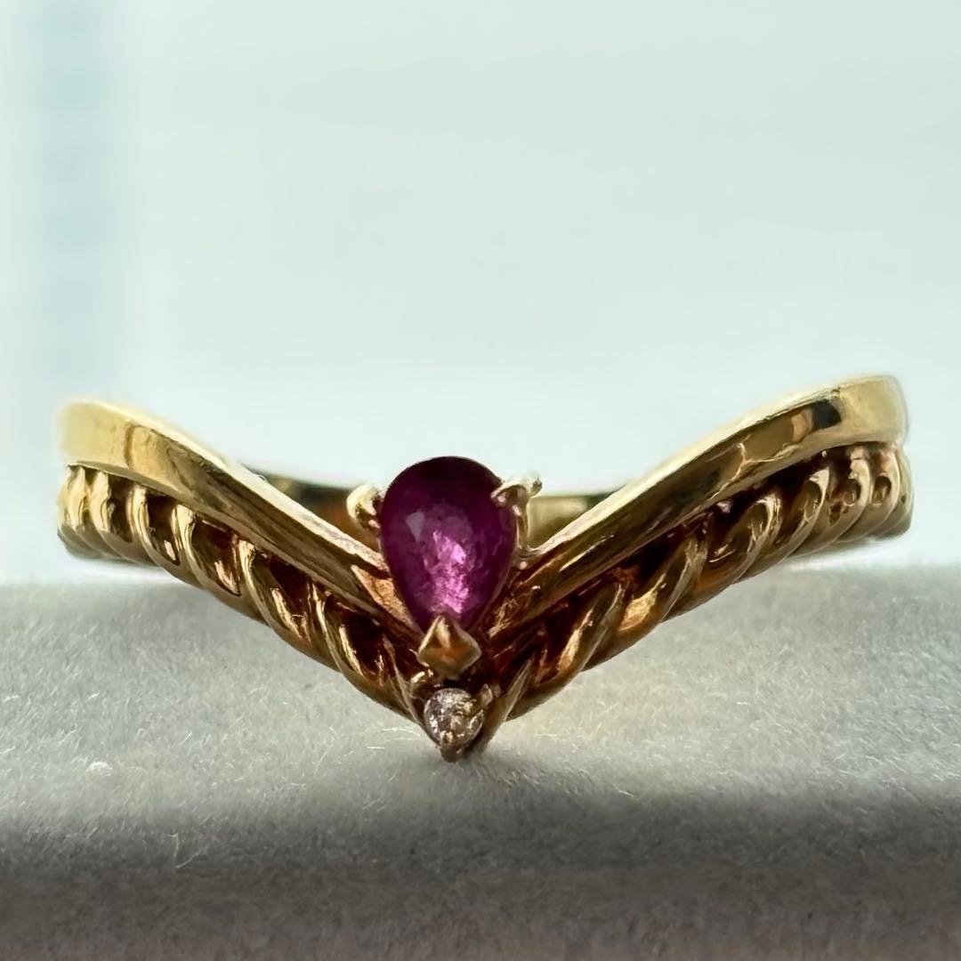 ルビー ダイヤモンド ゴールドリング 7号 K18 2.0g V字ツイスト