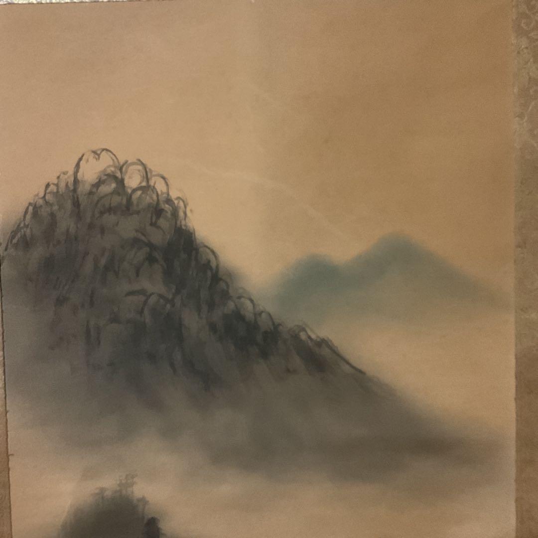 靖 観 筆 絹本彩色画山水図 長閑な山間の風景画 桐箱