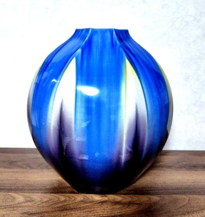 九谷焼　柴田博　高さ28cm　流彩面取　花入　釉彩