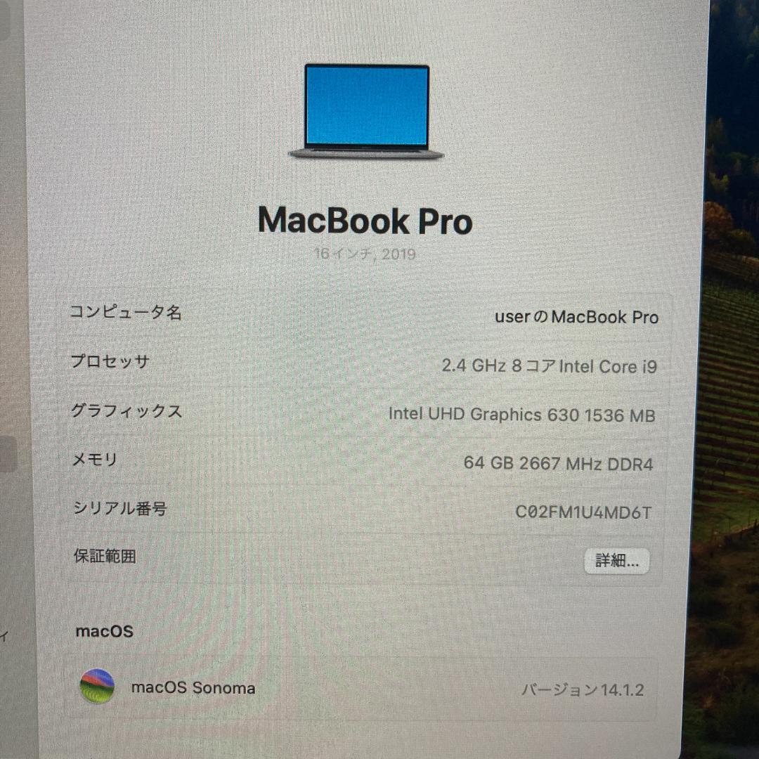 Apple MacBook Pro i9ノートパソコン 16インチ 64GB
