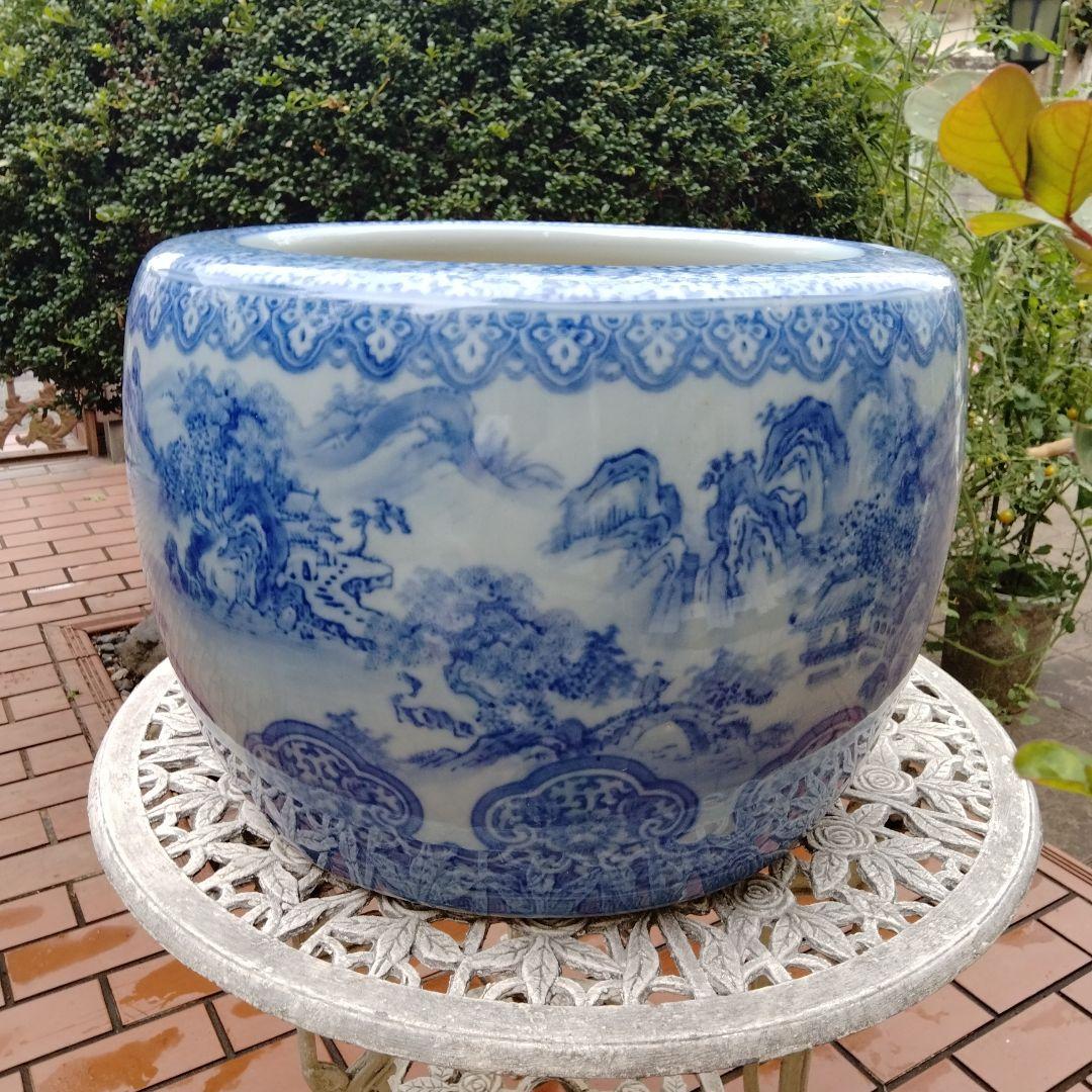 中国骨董50年以上旧蔵唐物 染付手絵山水紋大鉢 火鉢、金魚鉢、睡蓮鉢、水槽に兼用