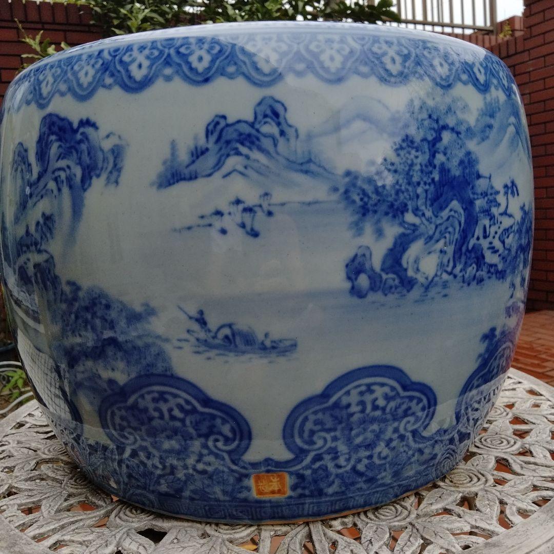 中国骨董50年以上旧蔵唐物 染付手絵山水紋大鉢 火鉢、金魚鉢、睡蓮鉢、水槽に兼用