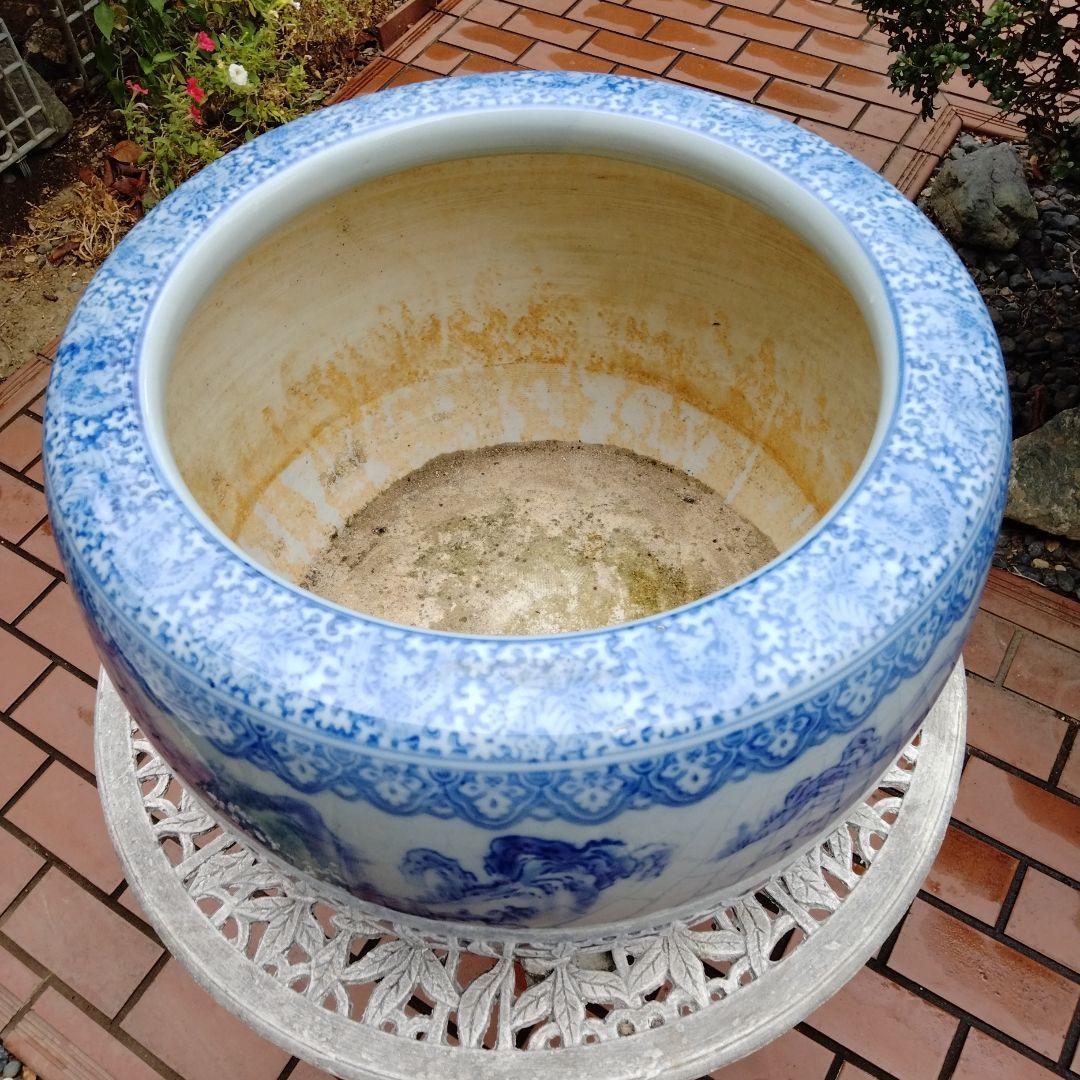 中国骨董50年以上旧蔵唐物 染付手絵山水紋大鉢 火鉢、金魚鉢、睡蓮鉢、水槽に兼用