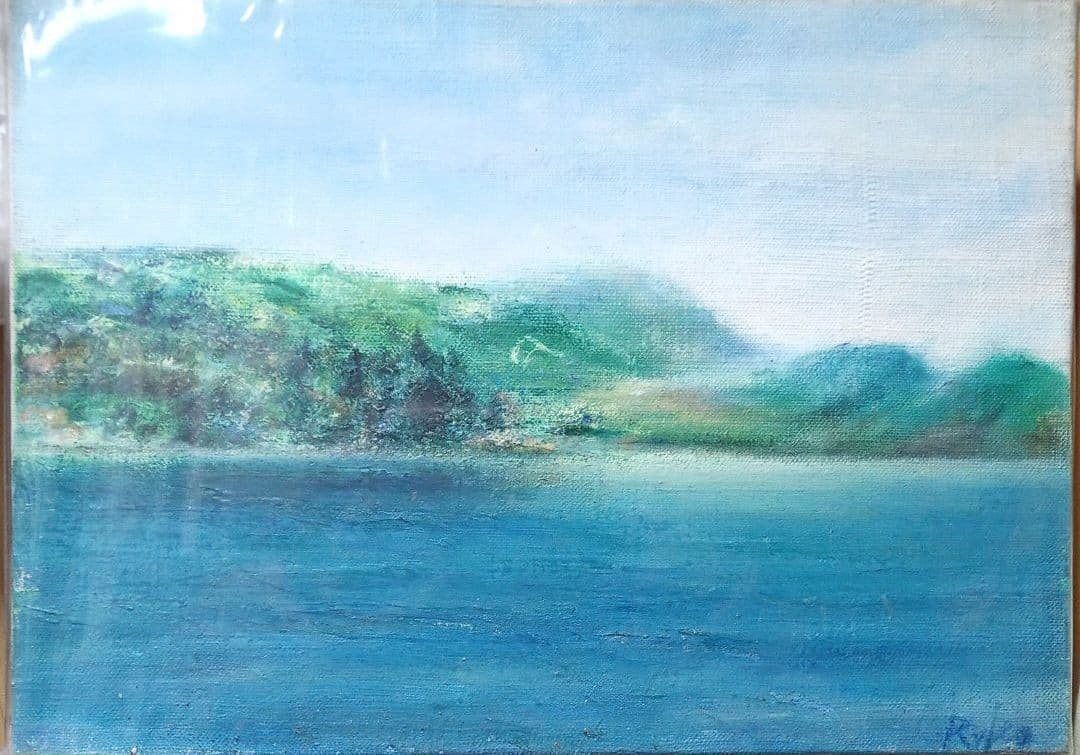 黒曜石とりに神津島へ　旧石器時代の景色　油彩　真作画　F4　清々しい汚染のない海