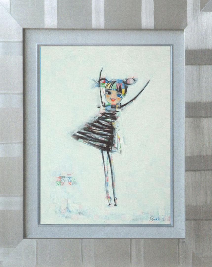 油絵 菅家令子 絵 絵画インテリア額付(青緑＋金色の枠)F4-08081 女の子