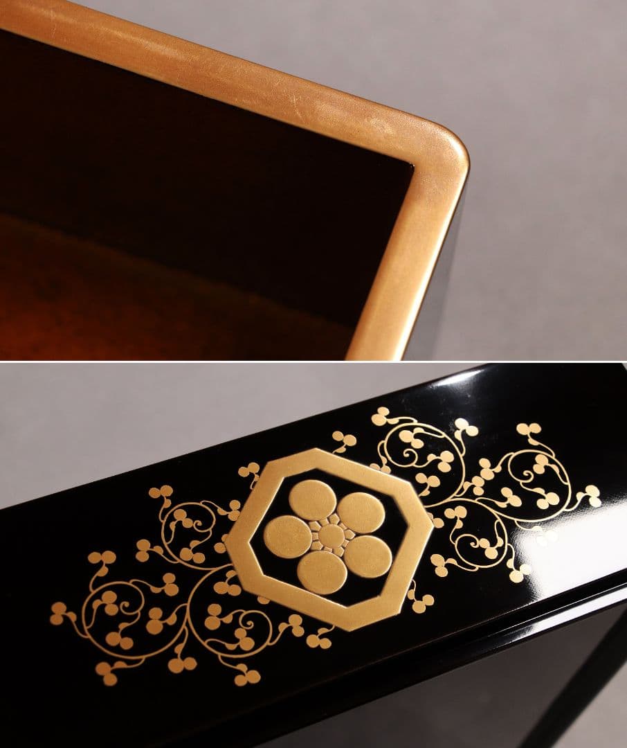 M486 輪島塗 八重門彦助 梅鉢家紋 蔦 宝尽くし金蒔絵 黒塗五段重 梨子地