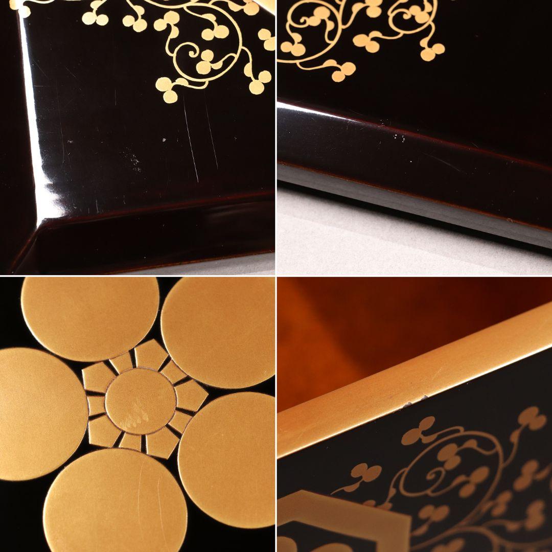 M486 輪島塗 八重門彦助 梅鉢家紋 蔦 宝尽くし金蒔絵 黒塗五段重 梨子地