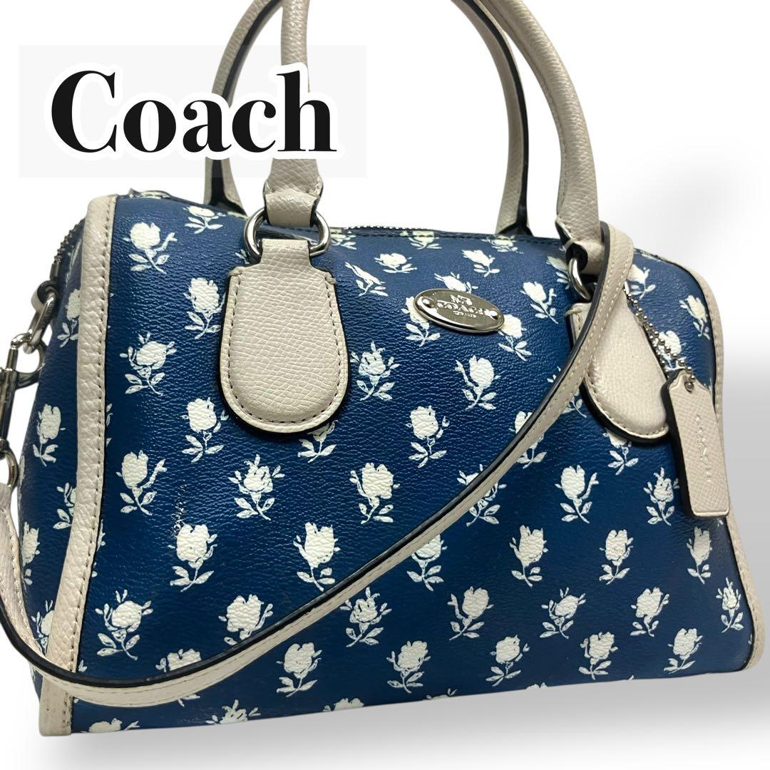 【美品】Coachコーチ　ミニボストンバッグ 花柄　ブルー　PVC 2way