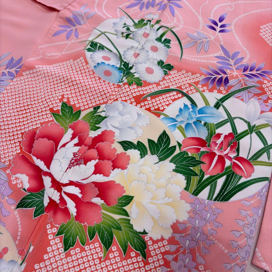 ■E5322■美品■正絹■珊瑚色 藤に花尽くし　袷　振袖■丈165　裄64.5