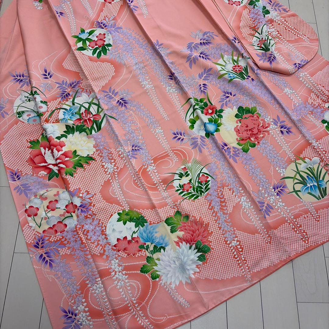 ■E5322■美品■正絹■珊瑚色 藤に花尽くし　袷　振袖■丈165　裄64.5