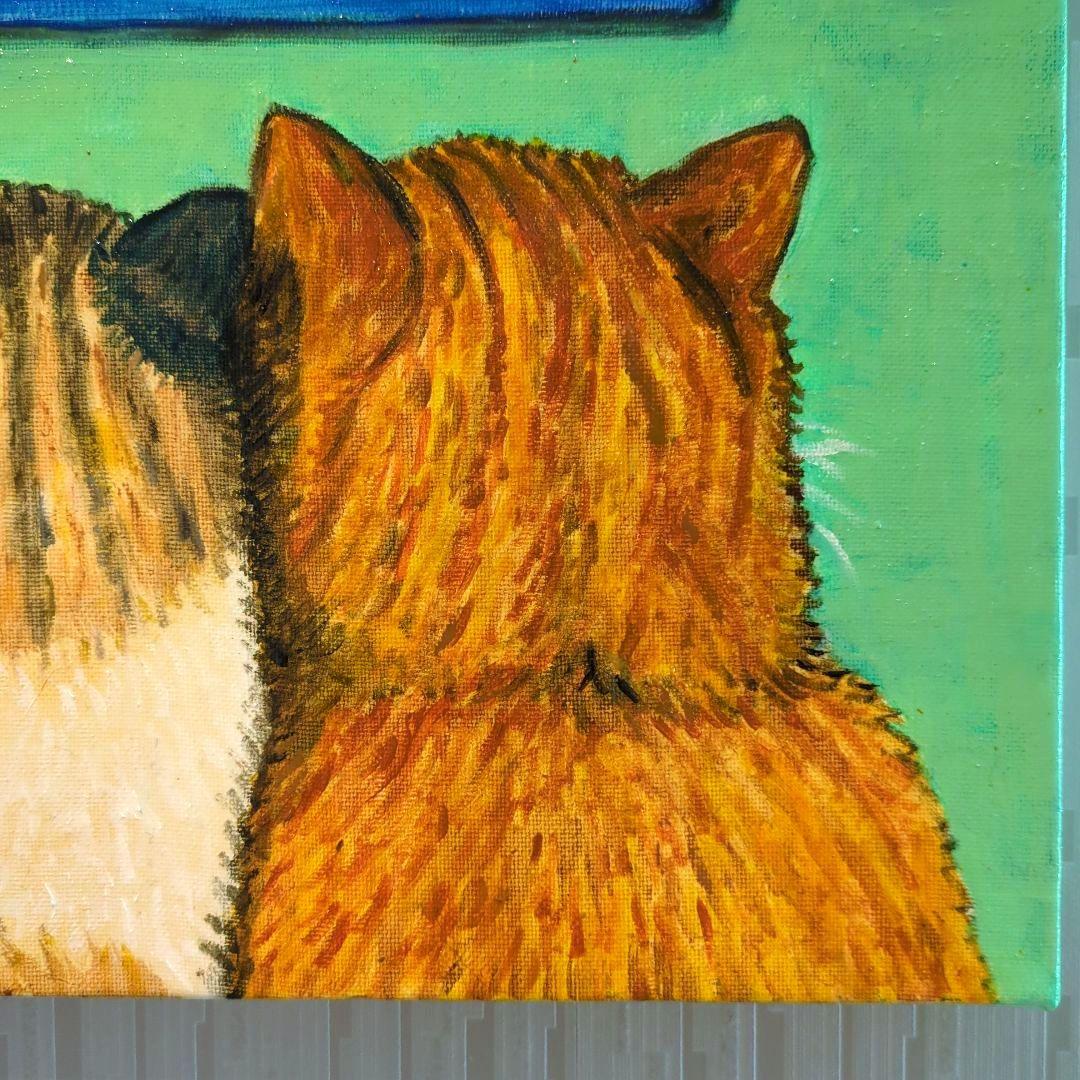 キャンバス油絵　自分の子どものころの写真を見るにゃんこたち