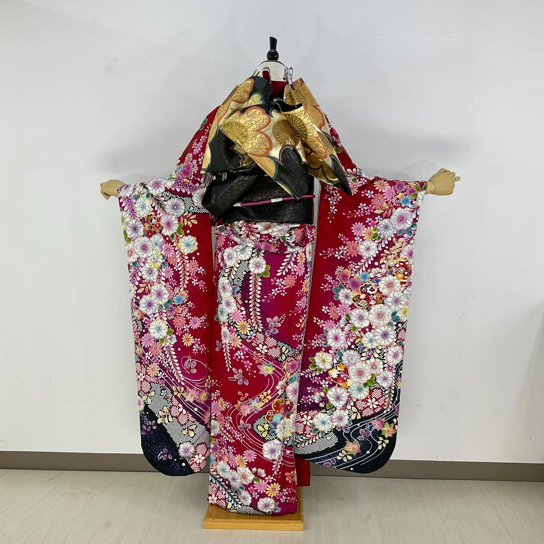 愛　お振袖フルセット　半衿付け　赤　辻が花正絹　美品