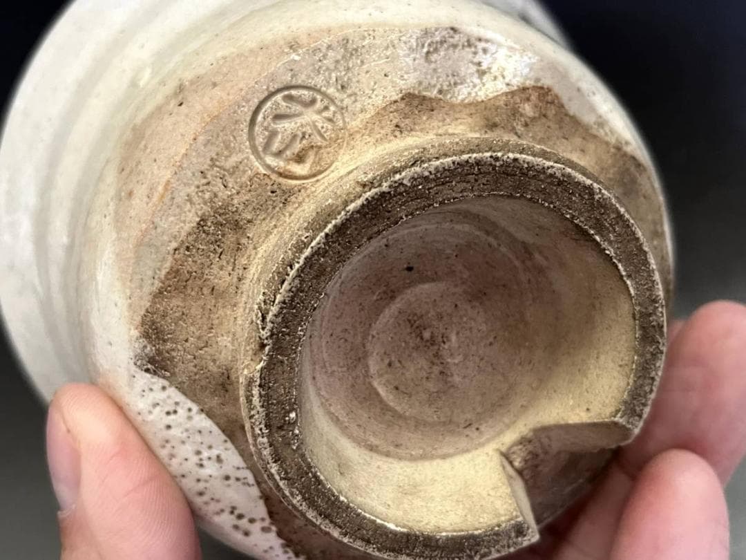 茶碗■犬山焼 白釉粉引き 秋桜絵（江戸期）お茶道具 仕覆、桐箱付 時代物 骨董■