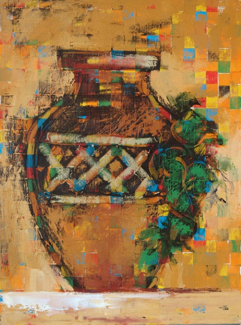 油絵 菅家令子絵 絵画インテリア額付(青緑＋金色の枠) uF6-064104 壺