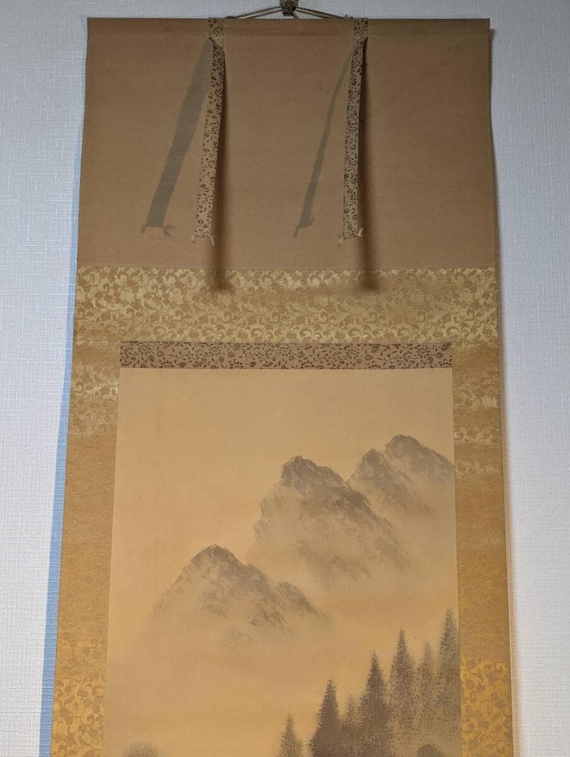 【真作】掛軸　山水渓流図　墨画山岳風景　橋と渓谷　古美術　時代書画　U4