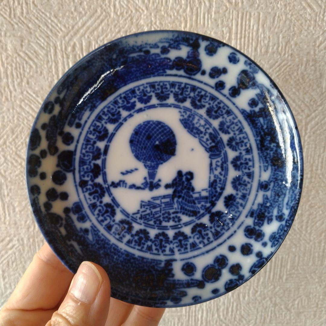 希少明治期図変わり文明開化気球西洋人印判皿