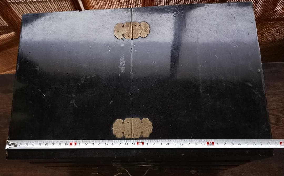 古道具 黒漆塗 鏡台 化粧箱 引き出し付き 真鍮金具 昭和レトロ 和家具