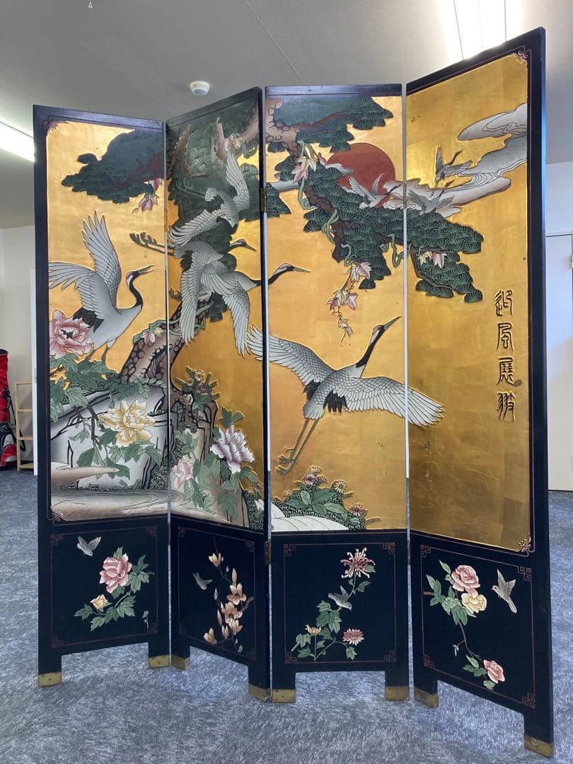 【TI】中国骨董貴重品！　美しい鶴と花の屏風 四つ折り　I-607