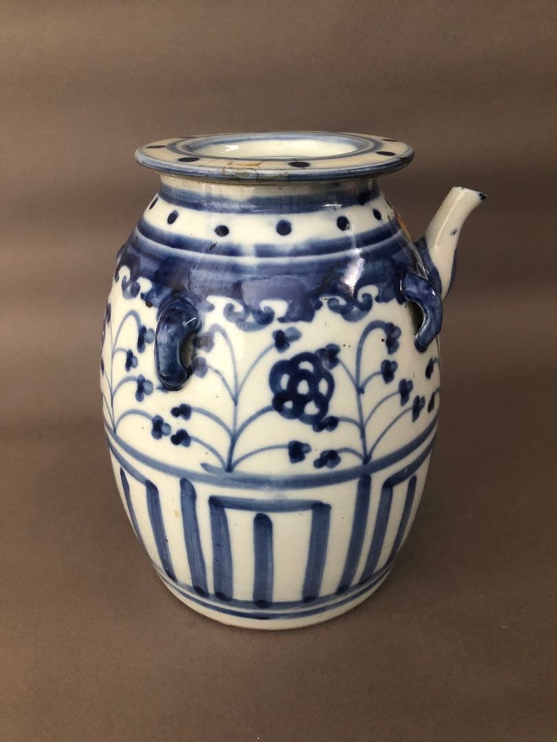 中国骨董　古美術　青花四耳水差し、花瓶