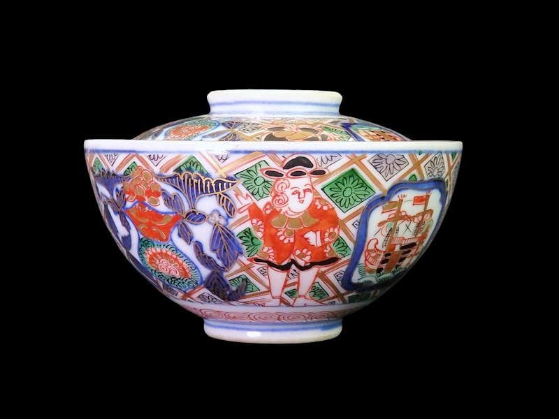 大聖寺伊万里　金襴手　五艘船に南蛮人の図　蓋茶碗　F318AS-CXy