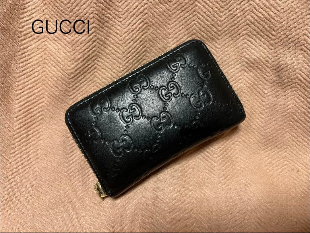 GUCCI 2484 ケース シマ ラウンドファスナー 黒 レザー