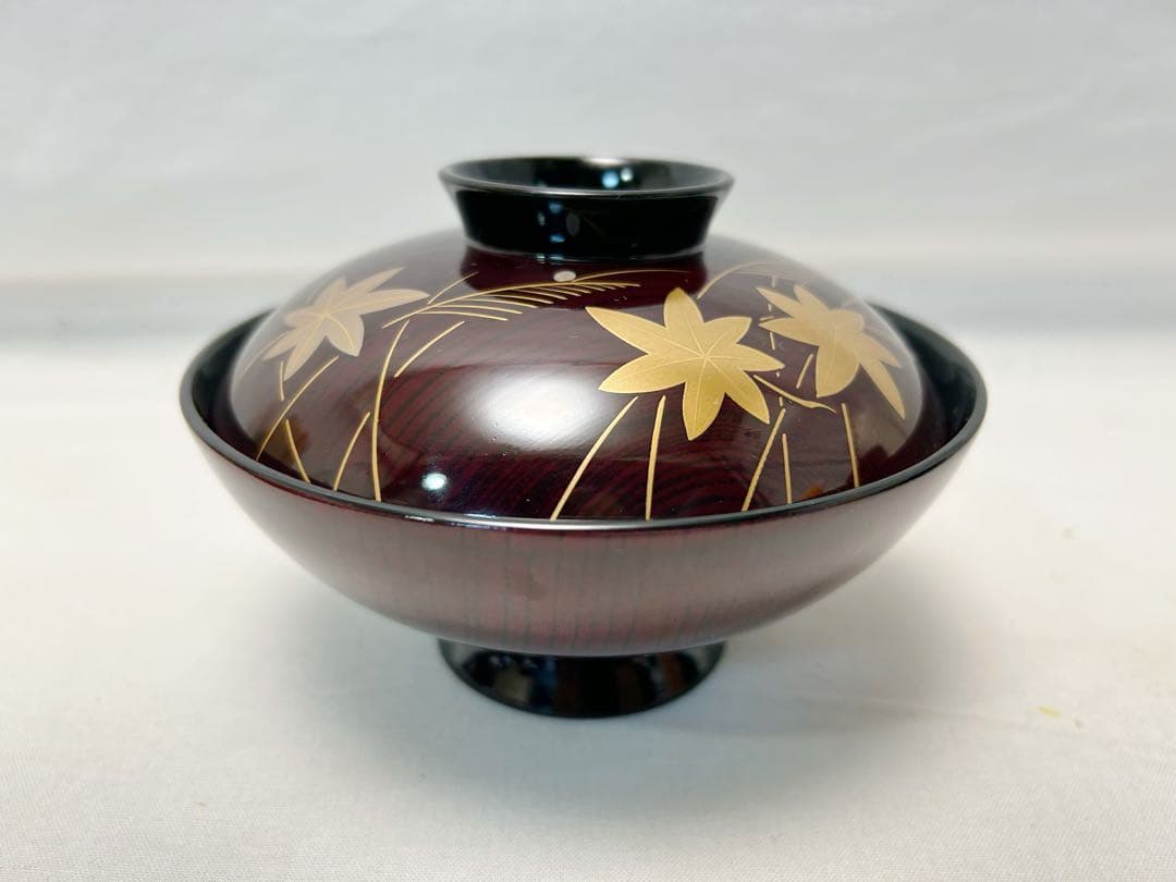 ほぼ未使用 懐石道具 木製溜塗 金彩紅葉蒔絵 吸物椀5客組 共箱