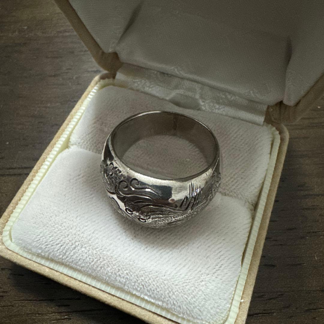 純銀　龍　手彫り　指輪　約26号