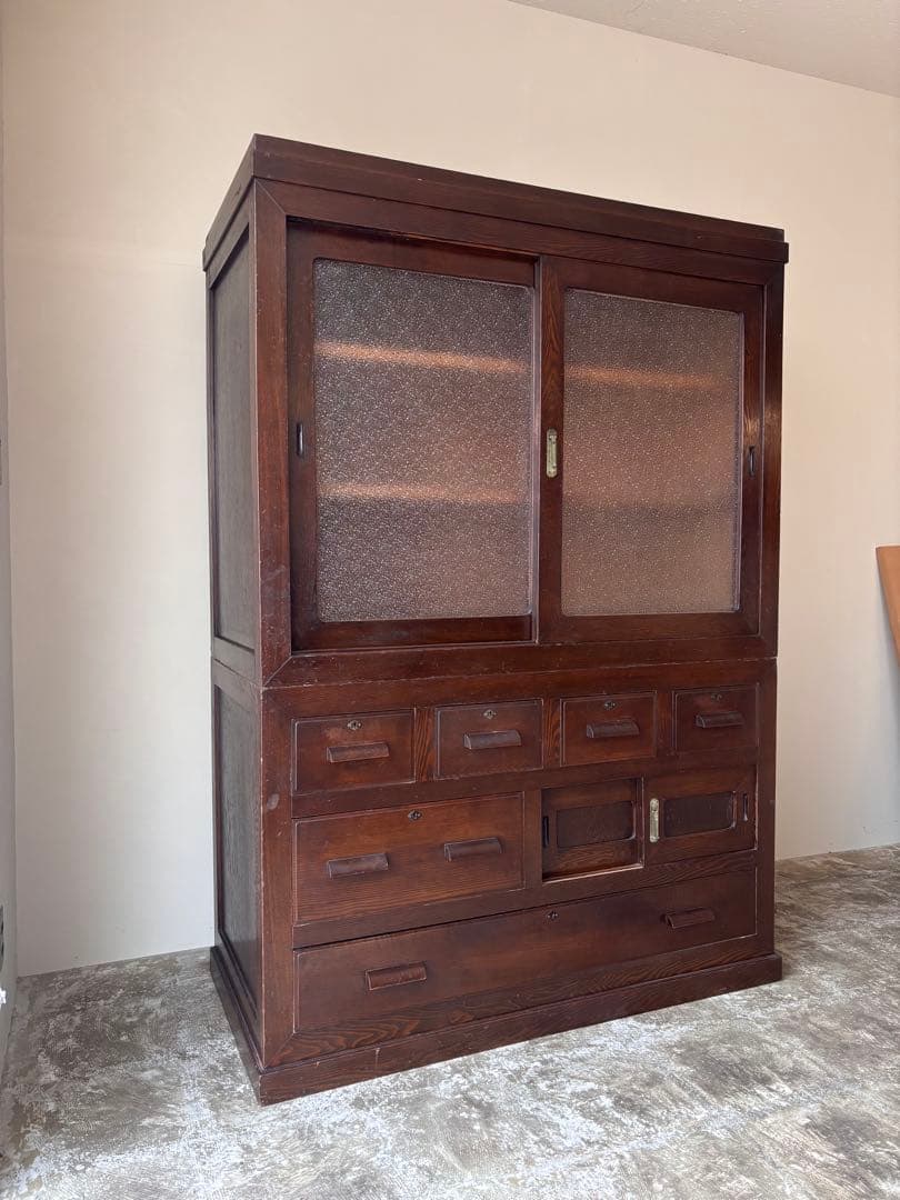 古い水屋箪笥　食器棚　ガラス棚　本棚　ガラスケース　木製箪笥 和家具　天然木