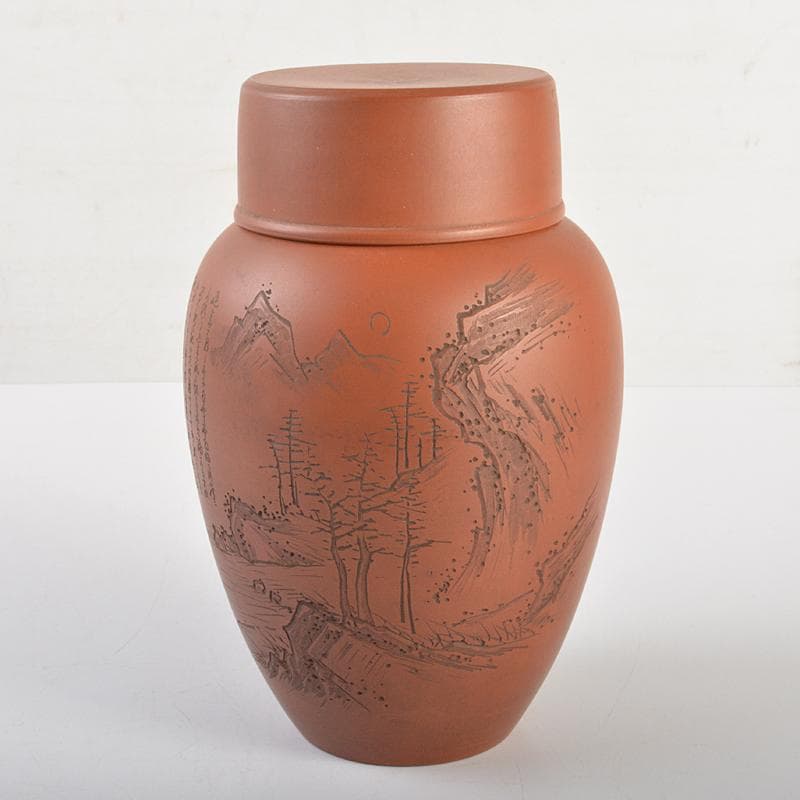 常滑焼　水川玉斎　朱泥　細字漢詩山水文　茶壷　茶心壷　時代箱付　D　R7354B